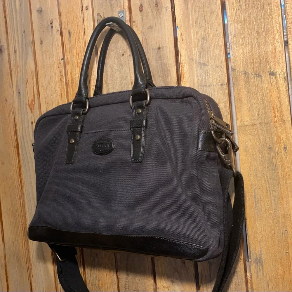 Fossil Black Canvas Laptop Nag with Leather Trim
